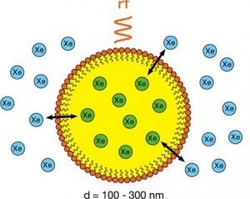 In this new NMR/MRI technique, hyperpolarized xenon gas bubbled into solution serves as the reporting medium as it moves in and out of a perfluorocarbon nanoemulsion droplet that binds to a molecular target. The contrast stems from the interaction of the distinguishable signals outside and inside the droplets.